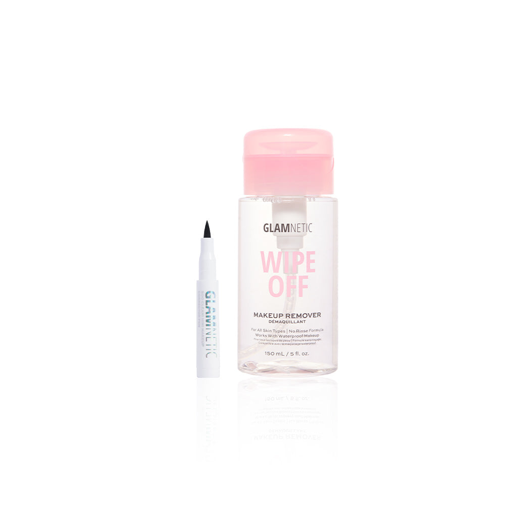 A clear bottle of glamnetic Wing &amp; Wipe makeup remover with a pink cap sits next to a white glamnetic eyeliner pen on a white background. This cruelty-free, vegan formula gently removes makeup while supporting ethical beauty values.