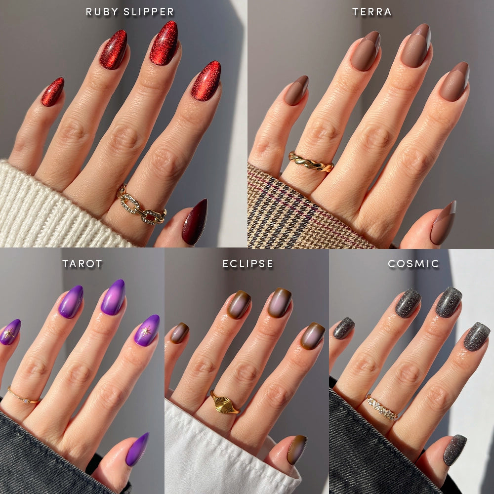 Five hands showcase unique nail designs from glamnetic’s Moon Child Collection: red glitter (Ruby Slipper), matte brown (Terra), purple with gold accent (Tarot), brown with gold tip (Eclipse), and grey glitter (Cosmic). Each set features short almond-shaped, vegan press-on nails for a stylish and cruelty-free look. - Product image