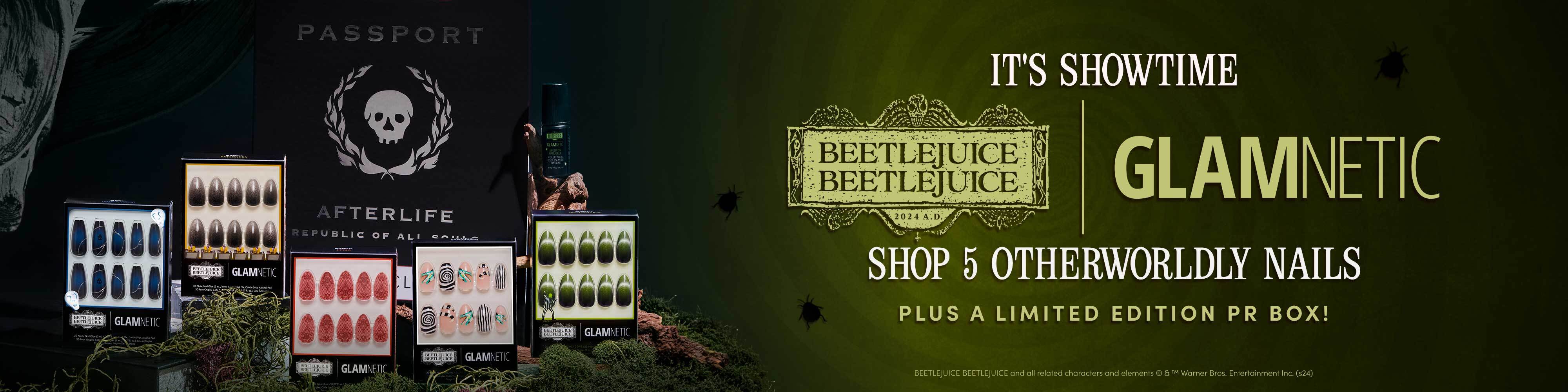 Glamnetic x Beetlejuice launch banner featuring five spooky press-on nail designs and a limited edition PR box. Displayed with moss and props inspired by the Beetlejuice movie, with text reading ‘It’s Showtime – Shop 5 Otherworldly Nails.