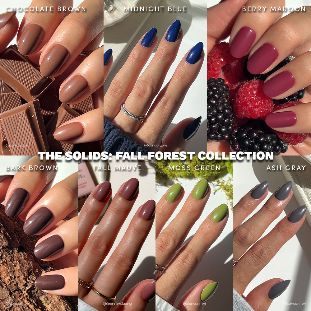 A collage features hands with manicured short nail sets in chocolate brown, midnight blue, berry maroon, bark brown, mauve, moss green, and ash gray from glamnetics The Solids Vol.3 Fall Forest Collection against autumn-inspired backgrounds.