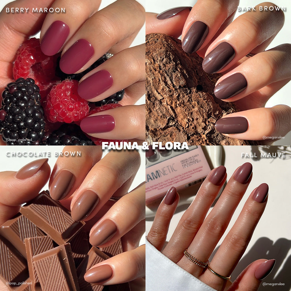 A collage shows four manicured hands—berry maroon with berries, bark brown with tree bark, chocolate brown with chocolate, and fall mauve beside a beauty item. glamnetic Fauna &amp; Flora: Vegan &amp; Cruelty-Free Short Oval Nail Set. Text: “FAUNA &amp; FLORA.”.
