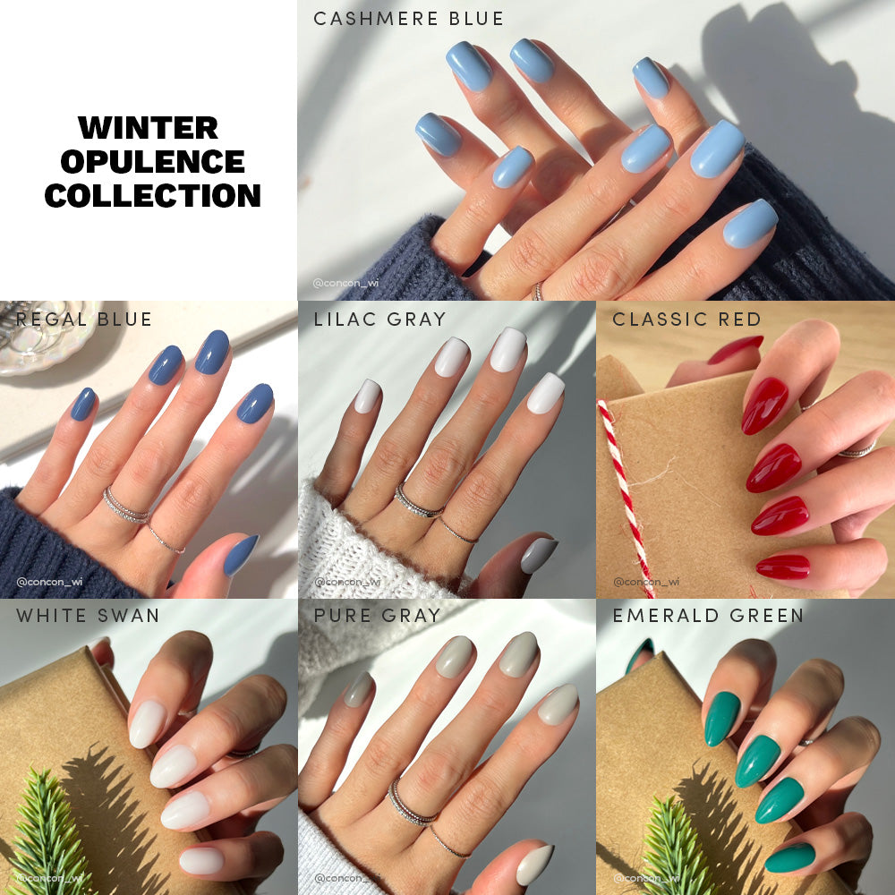 A grid of six manicured hands displays glamnetic’s Winter Opulence nail polish in cashmere blue, regal blue, lilac gray, classic red, white swan, and emerald green—ideal for chic at-home manis.