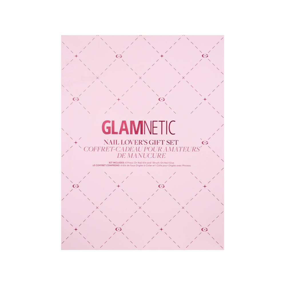 A pink glamnetic Nail Lover's Gift Set box features a diamond pattern, bold product name, and English/French descriptions. Includes long-lasting nail glue for easy press-on nail application. - Product image