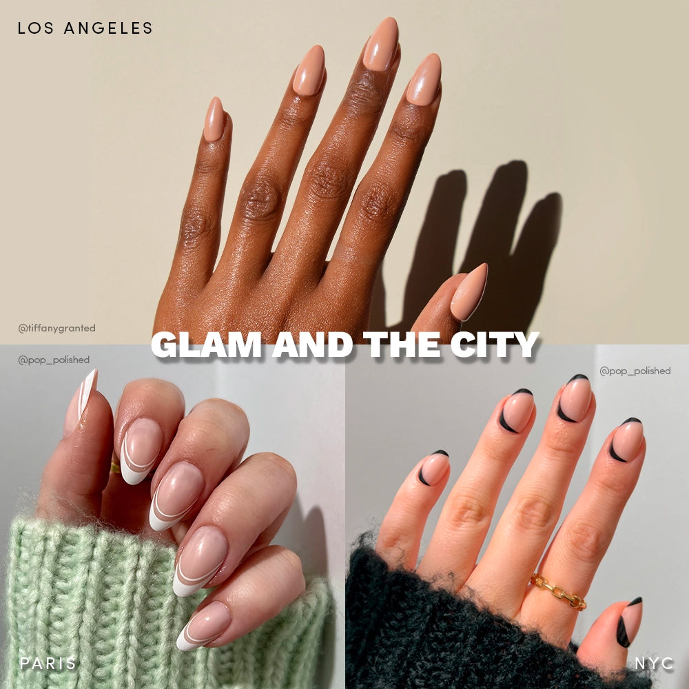 Three manicured hands with chic nude and minimalist designs are labeled LOS ANGELES, PARIS, and NYC. The text “Glam and the City” highlights glamnetic’s salon-quality press-ons for standout, modern manicures.