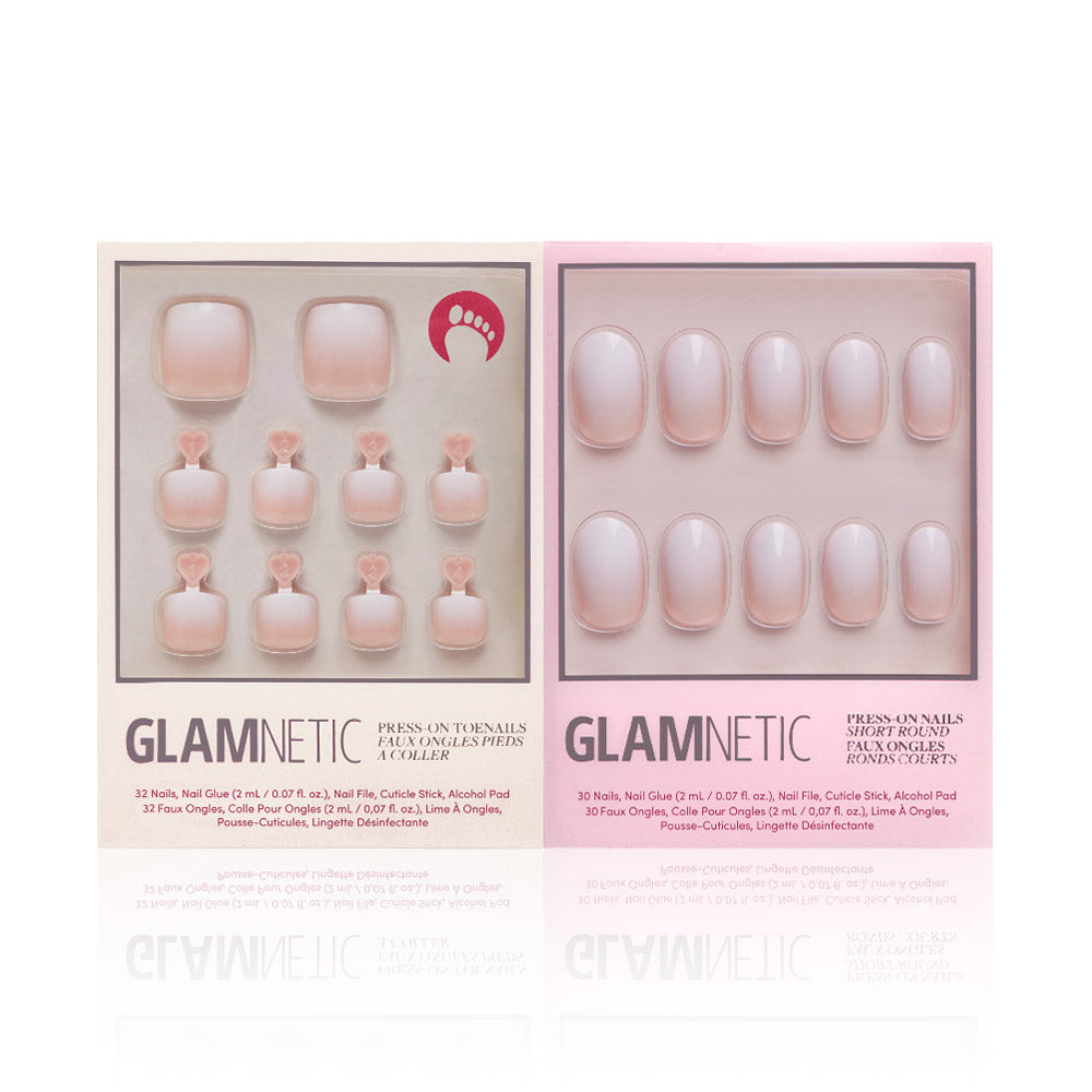 Two boxes of glamnetic Creamer Mani Pedi press-on nails are shown: toenail set on the left, fingernail set on the right. Both have pink, glossy artificial nails in assorted sizes, displayed in clear packaging. - Product image
