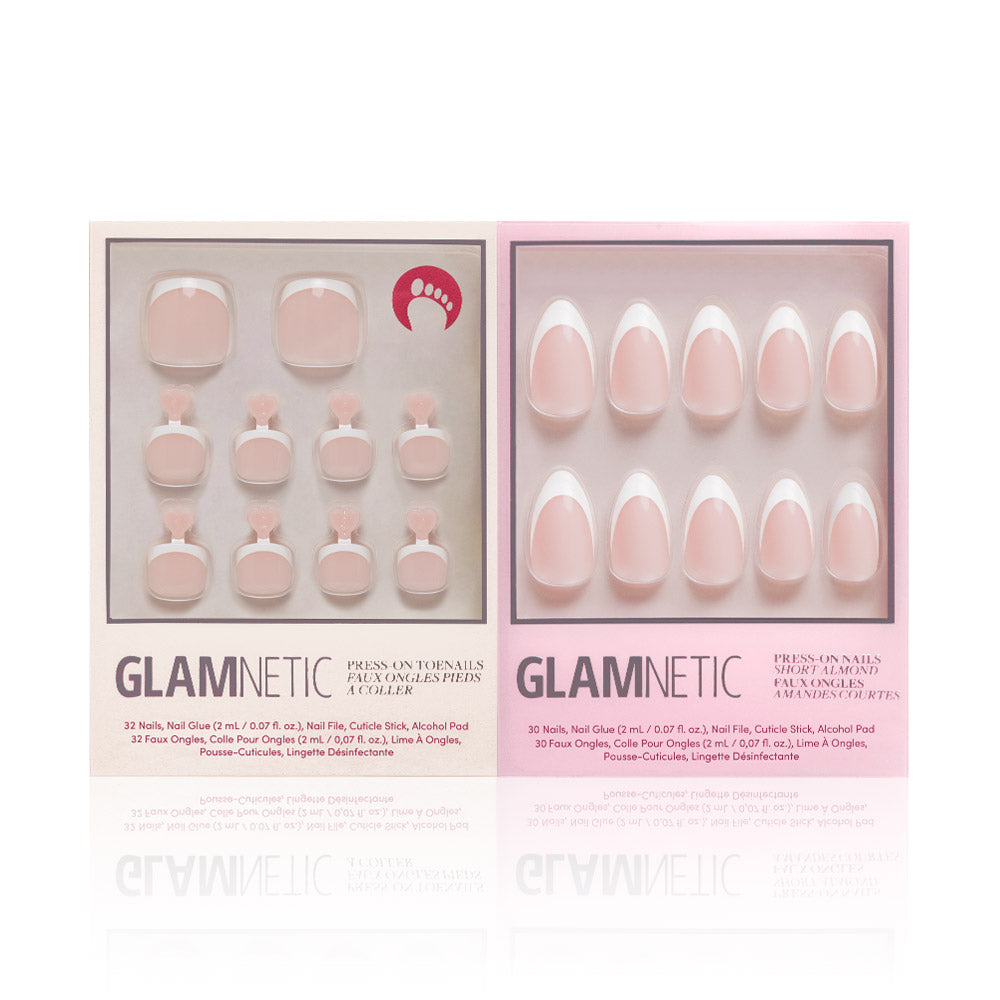 Two boxes of glamnetics Ma Damn Mani Pedi are shown. Each features pink almond nails with French tips, arranged in clear trays. The mostly white and pastel pink packaging displays the elegant sets for both hands and feet. - Product image