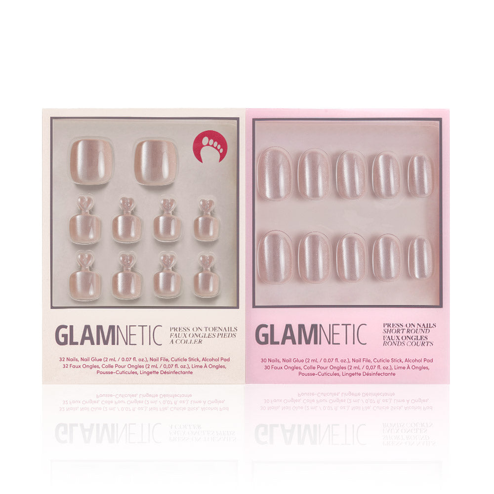 Two boxes of glamnetics Pure Intentions Mani Pedi—one set for toes and one for fingers—in a light pink, shimmery velvet finish are displayed side by side on a white background for minimalist vibes. - Product image