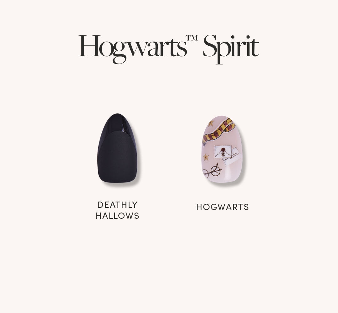 Show your Hogwarts spirit with glamnetic’s Hogwarts™ Spirit set: two vegan, cruelty-free artificial nails—one black (Deathly Hallows) and one pale pink with Harry Potter-themed designs.