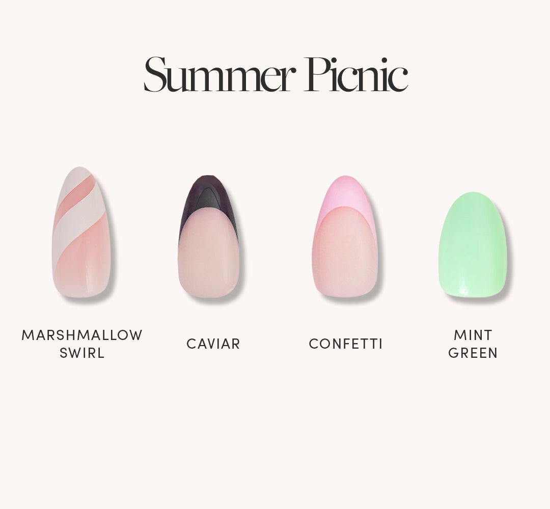 The glamnetic Summer Picnic Collection features four cruelty-free, vegan nail designs: Marshmallow Swirl (pink/white stripes), Caviar (nude with dark tip), Confetti (pink shapes), and Mint Green (solid pastel green).