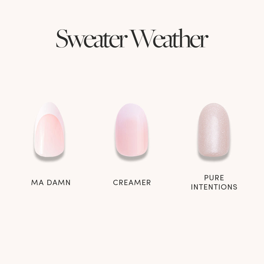 Three glamnetic nail polish swatches labeled Ma Damn and Creamer Pure Intentions are shown under the Sweater Weather collection, featuring soft pink or beige shades—ideal for easy removal with Press On Nail Remover.