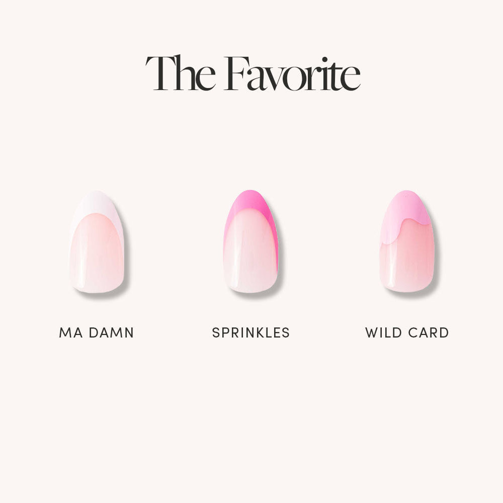The Favorite by glamnetic features three vibrant artificial nails—MA DAMN, SPRINKLES, and WILD CARD—with unique pink designs, including a white French tip and artsy accents, all displayed on a light background.