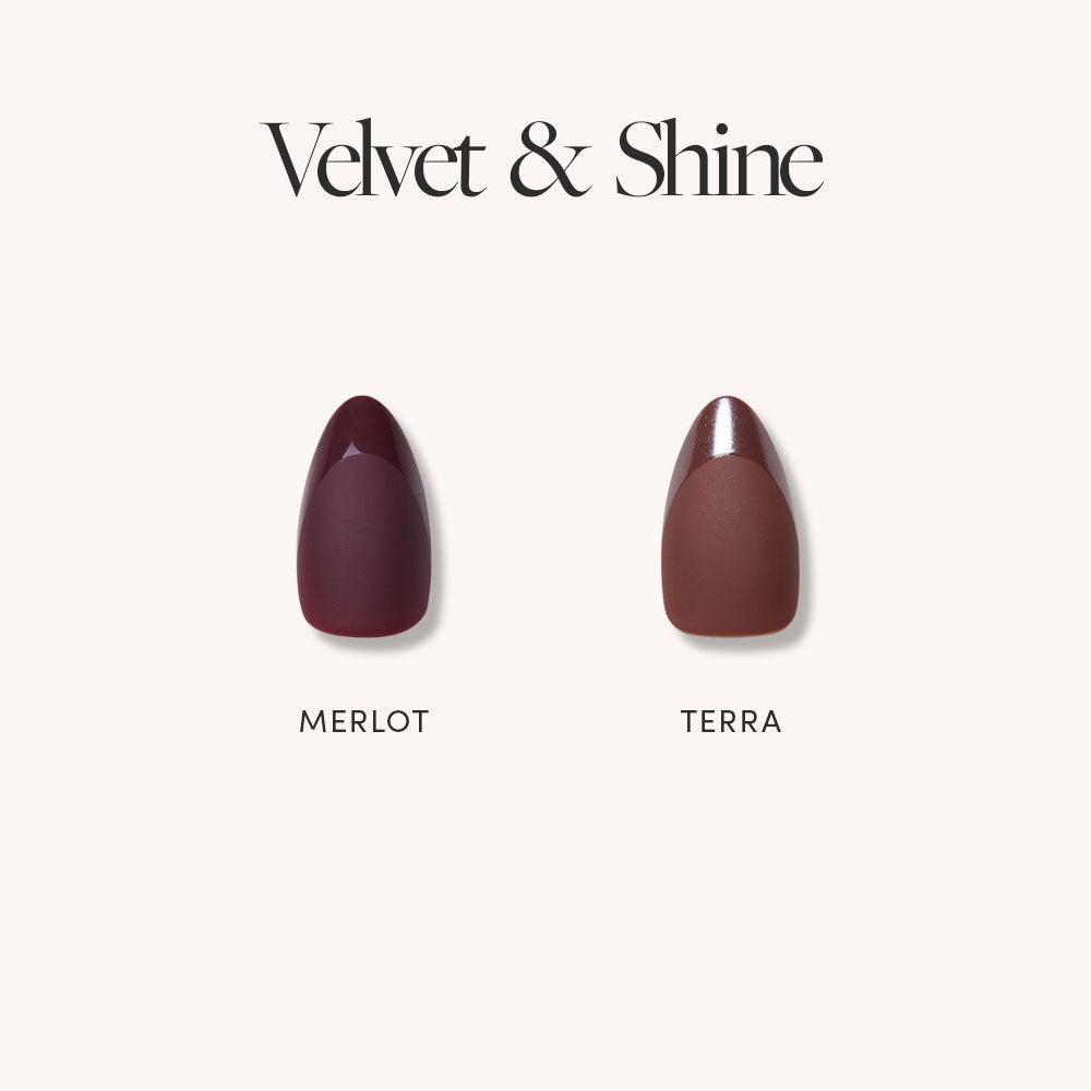 Glamnetic Velvet & Shine features two vegan, cruelty-free short almond nail tips: Merlot in deep burgundy and Terra in warm, earthy-brown matte. - Product image