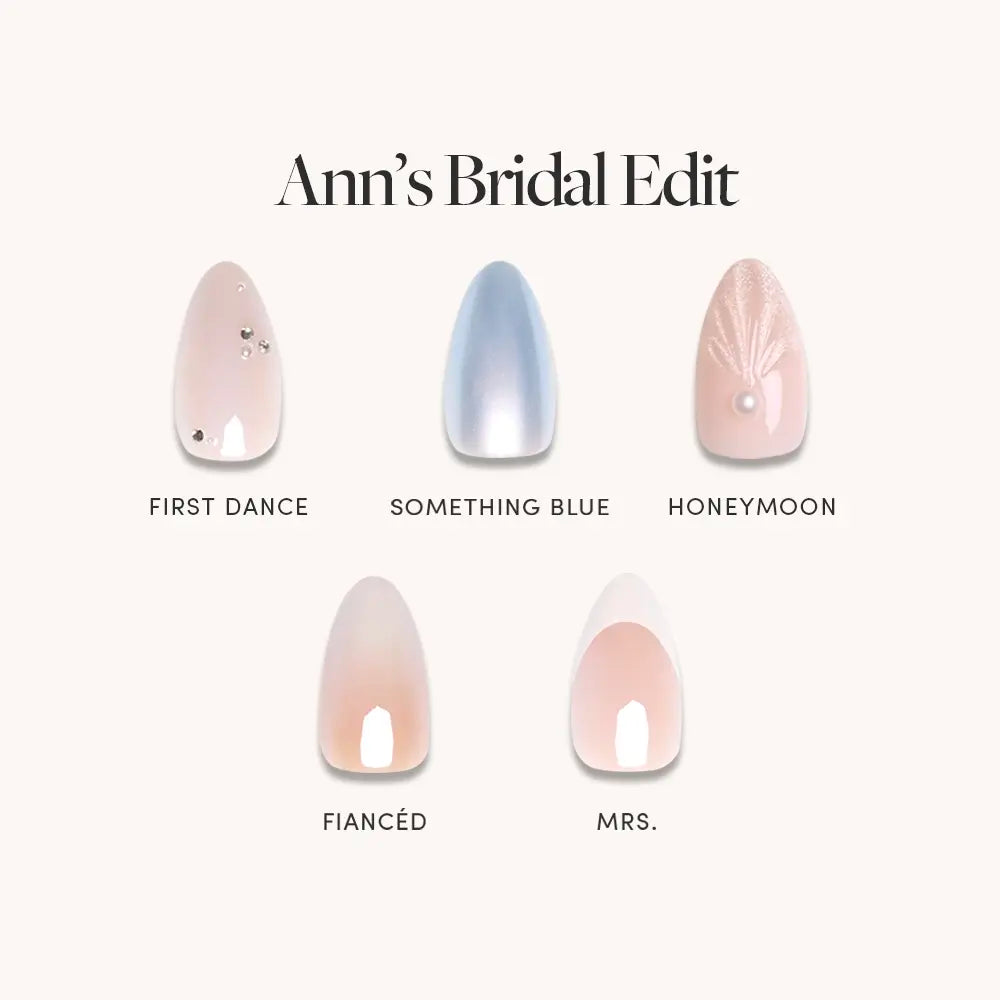 Discover Ann’s Bridal Edit by glamnetic: press-on nails in First Dance (nude/gems), Something Blue, Honeymoon (pink/white floral/gem), Fiancé (nude), and Mrs. (French tip)—perfect for every bridal event.