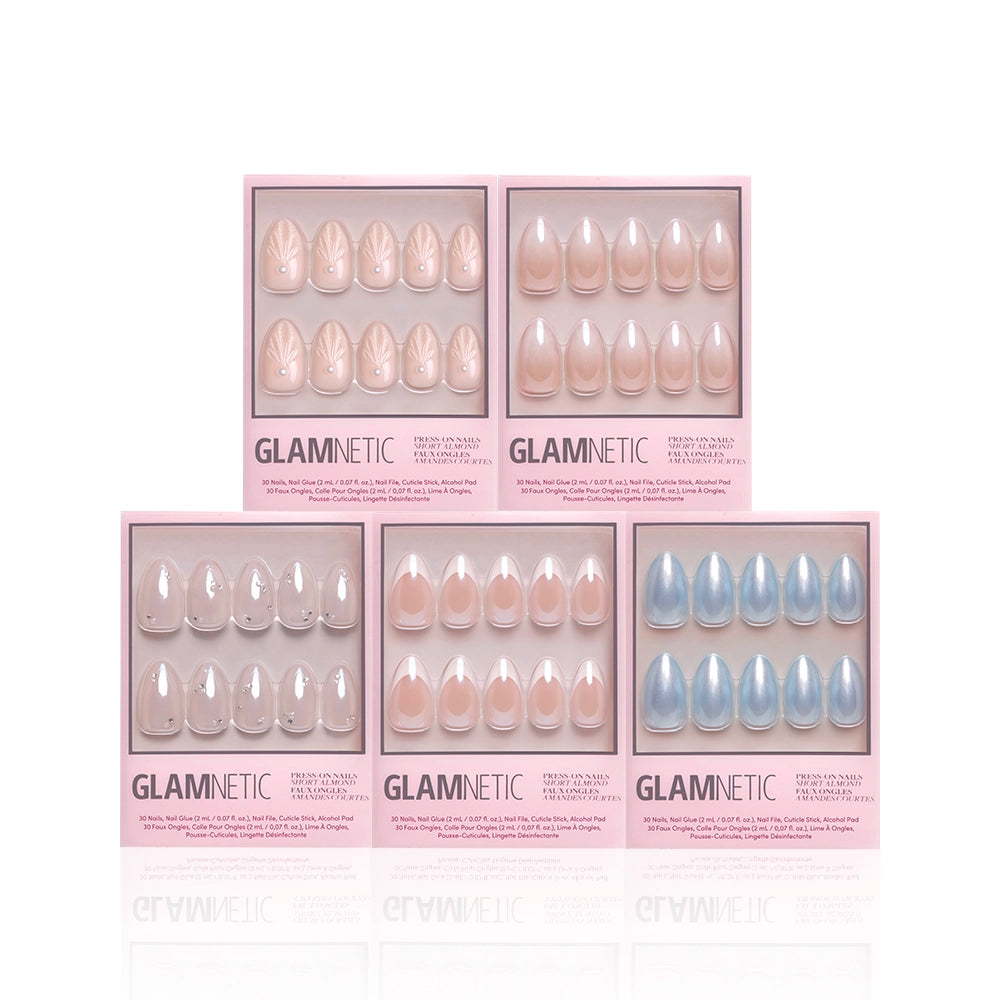 Five boxes of glamnetic Anns Bridal Edit press-on nails are arranged in two rows, showcasing assorted shapes and colors including pink, nude, light blue, and French tips. Each box holds 10 nails in a tray—ideal for everyday or bridal looks. - Product image