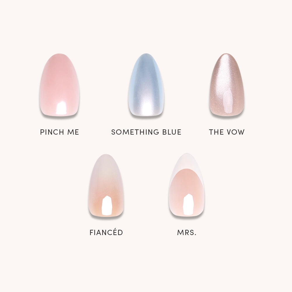 Five Forever and Always nail samples by glamnetic—Pinch Me (pale pink), Something Blue (light blue), The Vow (champagne shimmer), FiancéD (soft nude), Mrs. (sheer pink/white tips)—show modern, engagement-ready nail designs on a white background.