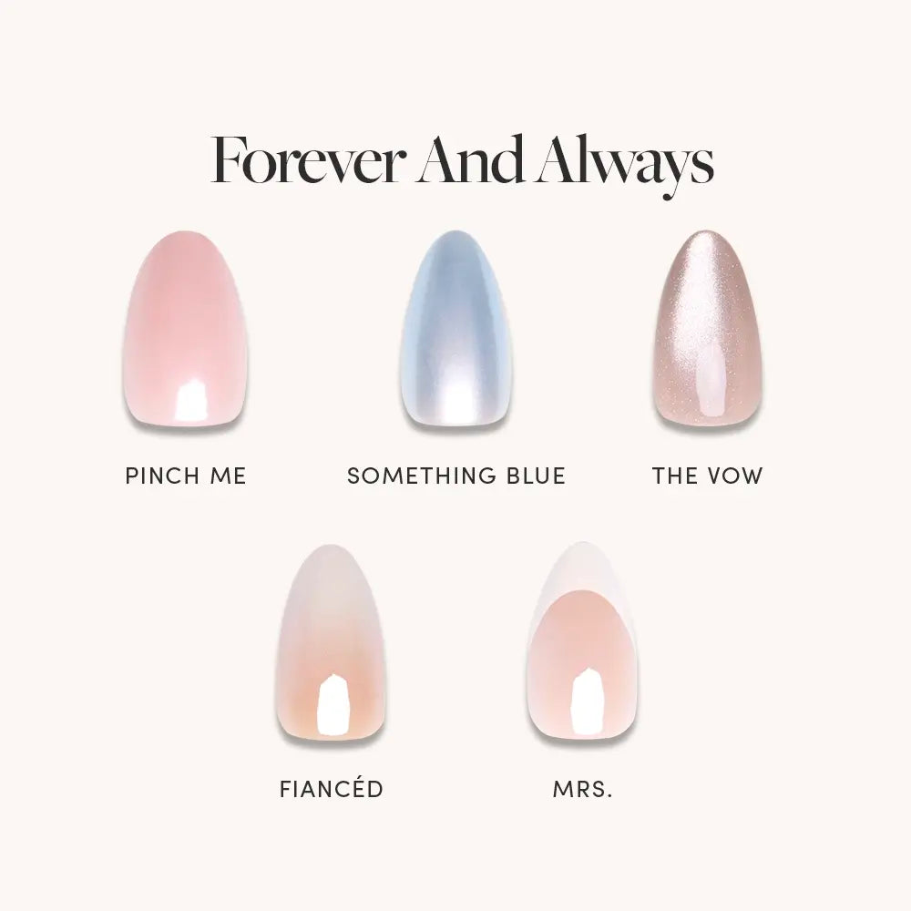 The Forever and Always bridal nail bundle by glamnetic features five elegant press-on nails in pastel shades, including Pinch Me, Something Blue, and Fiancé—perfect for showcasing wedding-ready nail designs on your special day.