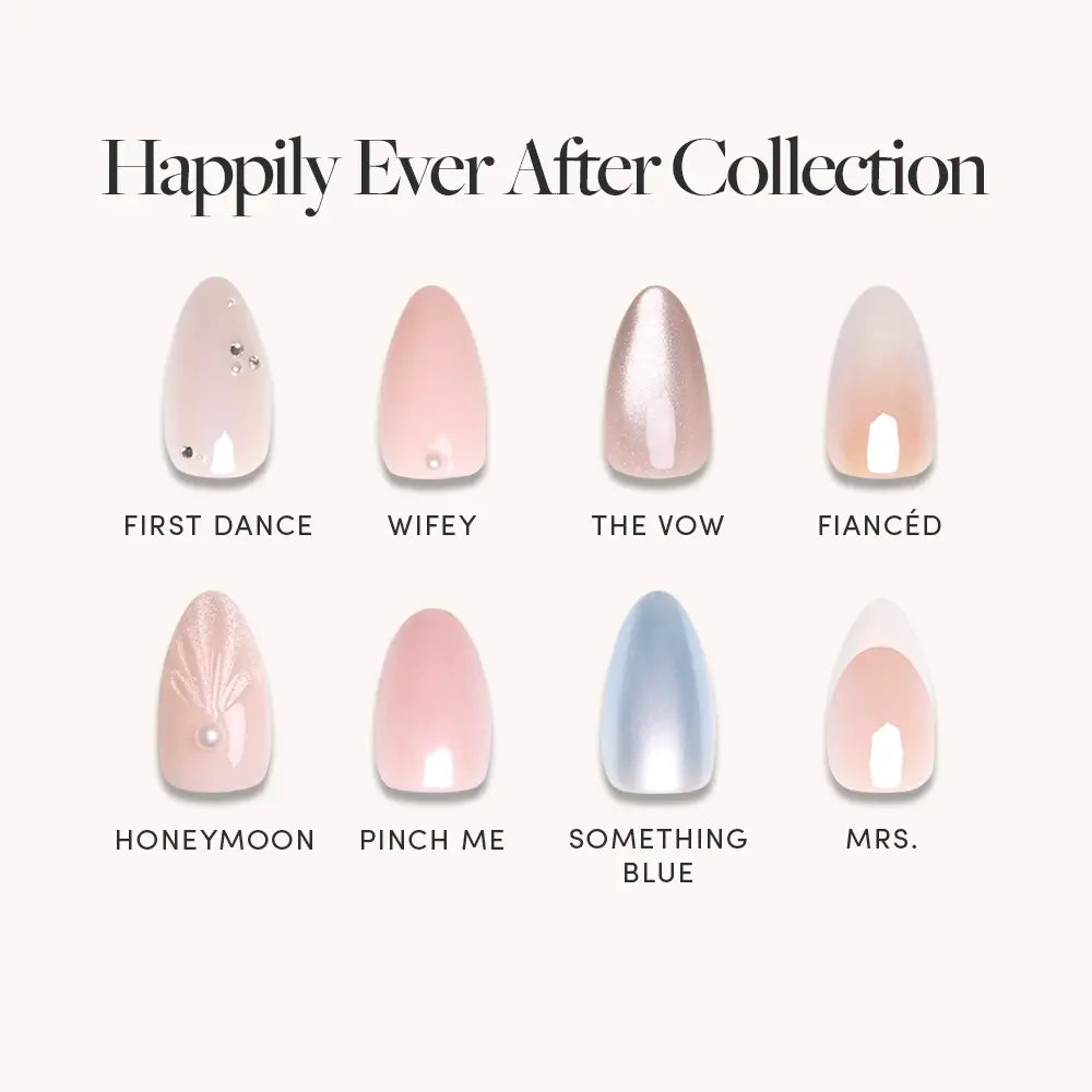 The glamnetic Happily Ever After Collection features eight press-on bridal nails with wedding-inspired designs in pinks, nudes, blue, and pearls. Each nail includes a unique name underneath to make your special day even more memorable.