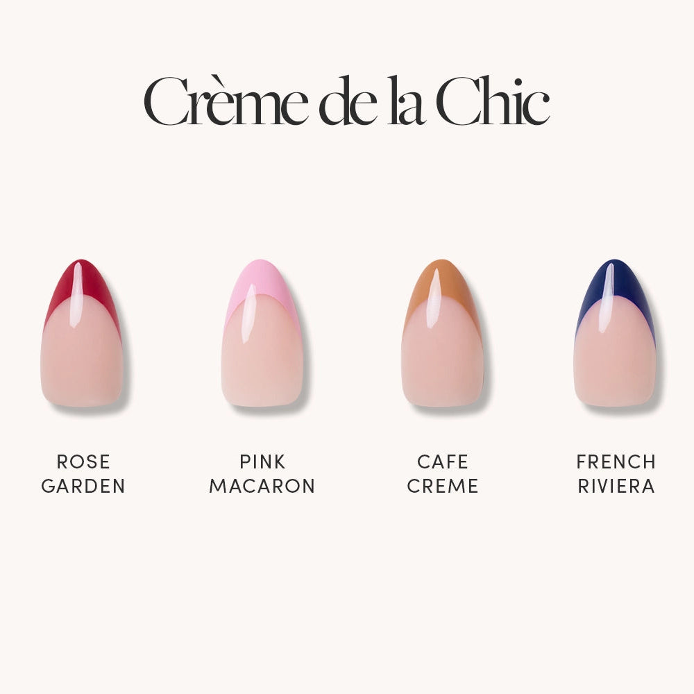 Four Crème de la Chic Short Almond Nails by glamnetic feature French Tips in red (Rose Garden), pink (Pink Macaron), beige (Cafe Creme), and blue (French Riviera). All are vegan, cruelty-free, and labeled with each style.