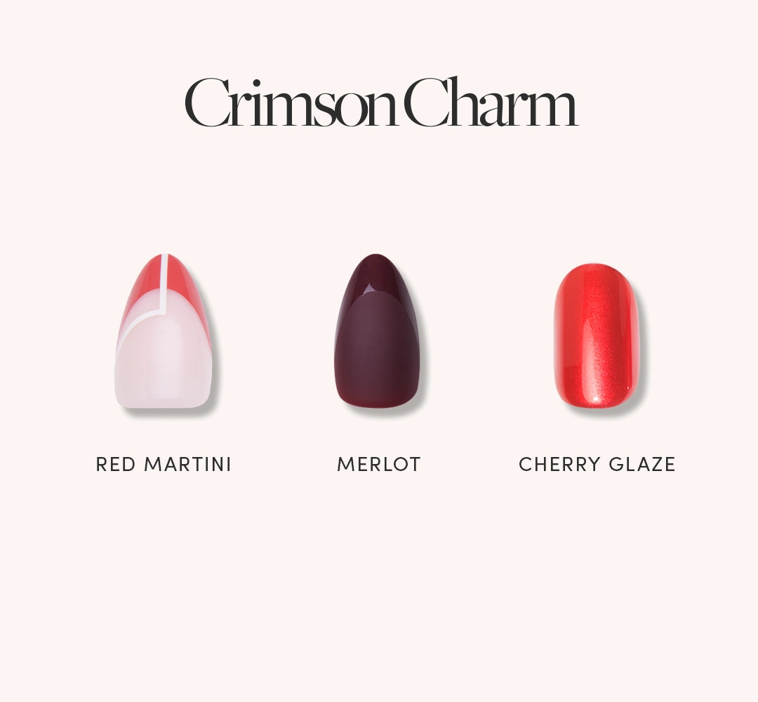 Glamnetic’s Crimson Charm Press On Nails showcase Red Martini (red with pink and red lines), Merlot (dark burgundy), and Cherry Glaze (bright shiny red)—perfect for a bold, effortless manicure.