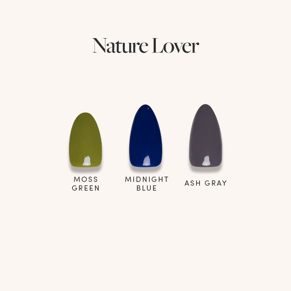 Three glamnetic nail polish swatches—Moss Green, Midnight Blue, and Ash Gray—are shown under the Nature Lover collection on a light background.
