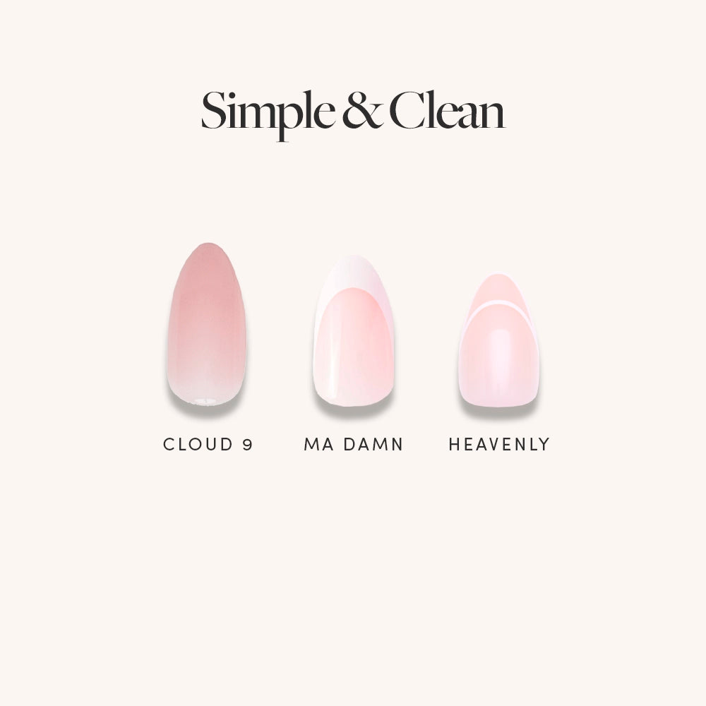 Three glamnetic nail polish samples—Cloud 9, Ma Damn, and Heavenly—feature sheer, soft pink shades under the Simple &amp; Clean collection. Set on a light beige background, they’re perfect Add Ons with your favorite Nail Glue.