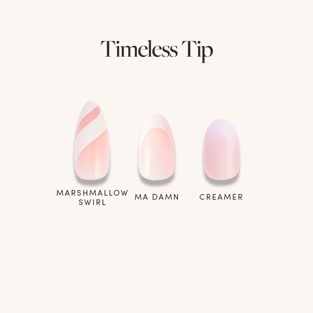 Three glamnetic Timeless Tips artificial nail designs—Marshmallow Swirl, Ma Damn Creamer, and Creamer—are shown on a light background with “Timeless Tip” above. Pair them with your favorite nail glue for an easy, elegant look.