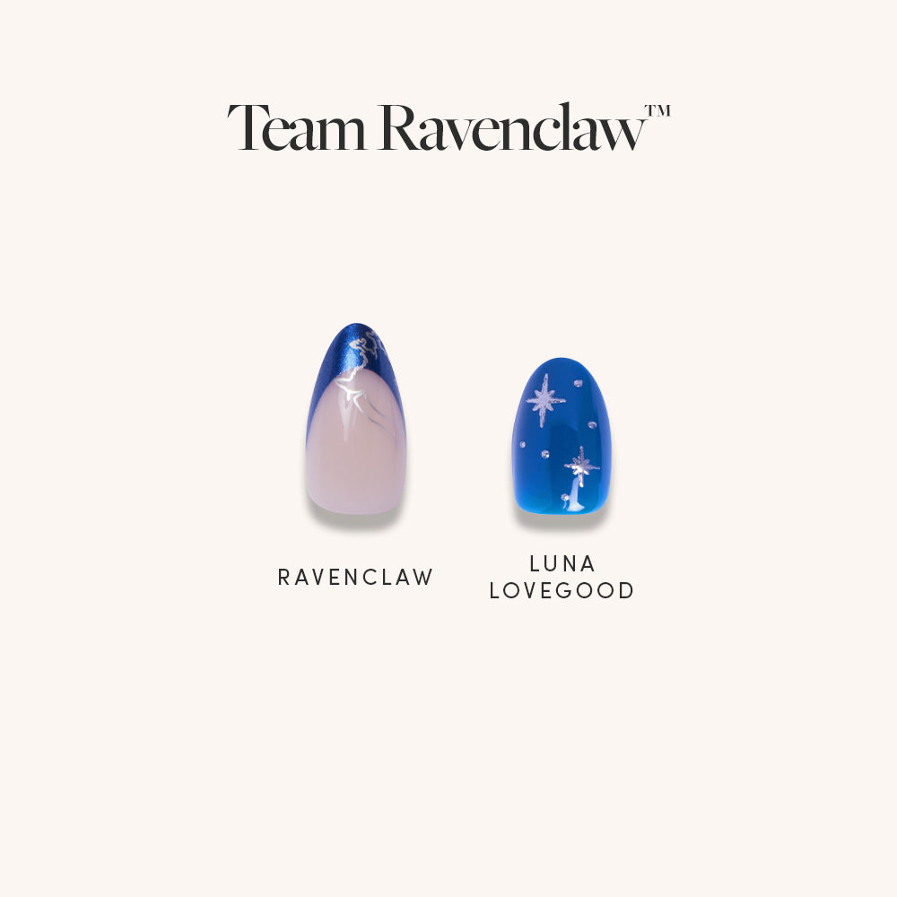 Two vegan nails from glamnetics Team Ravenclaw™ are shown: the left with a dark blue tip and silver star labeled Ravenclaw, and the right in blue with white stars labeled Luna Lovegood, under the Team Ravenclaw text.