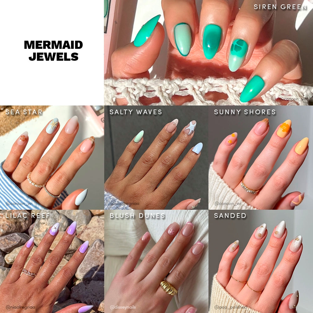 A collage showcases eight glamnetic Mermaid Jewels press-on nail sets in pastel ocean-inspired designs like Siren Green, Salty Waves, and Blush Dunes, featuring gradients, swirls, and oceanic accents.
