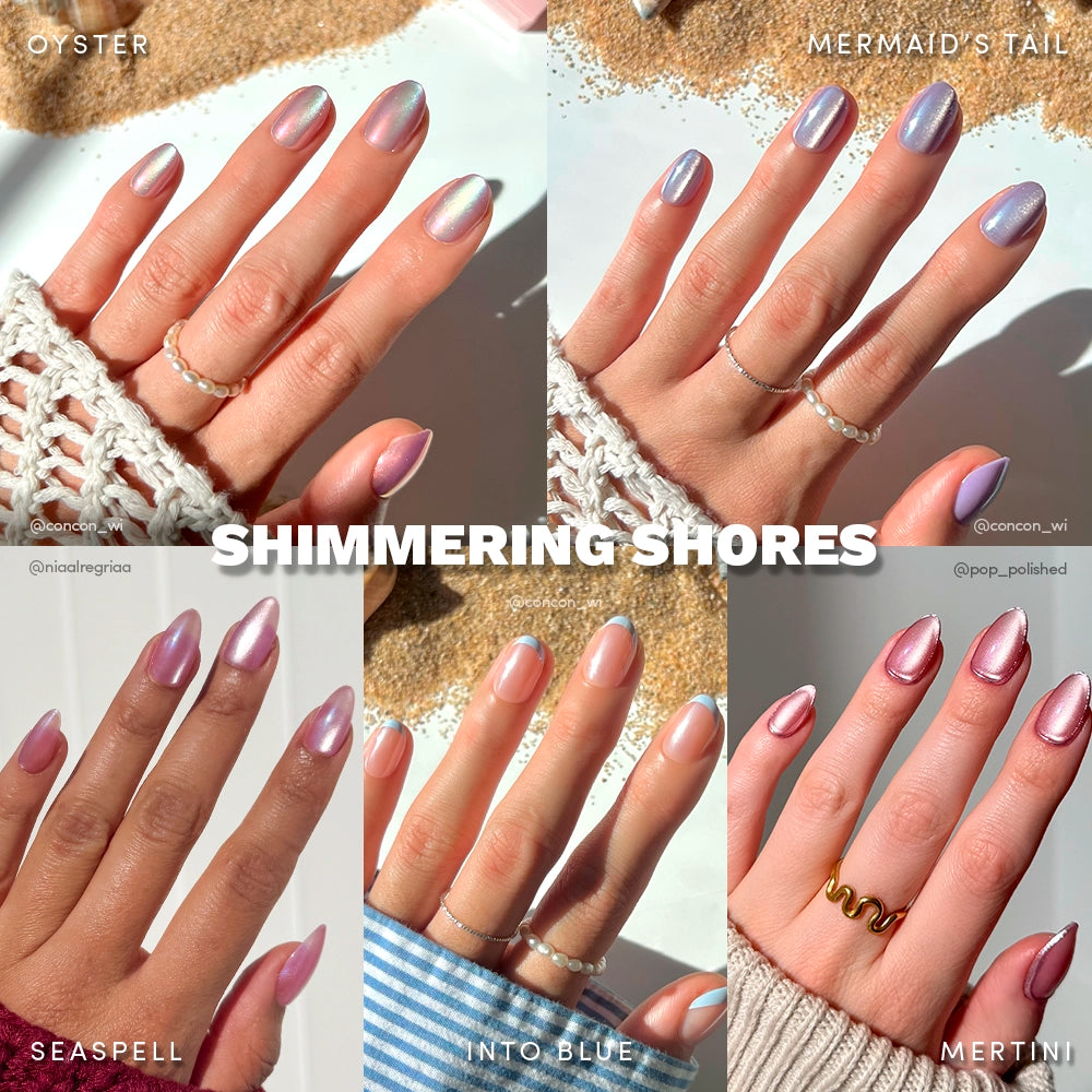 Six hands showcase glamnetic’s Shimmering Shores nail polishes in iridescent pastel shades—Oyster, Mermaid’s Tail, Seashell, Into Blue, and Mertini—each set against beach-inspired backgrounds. - Product image