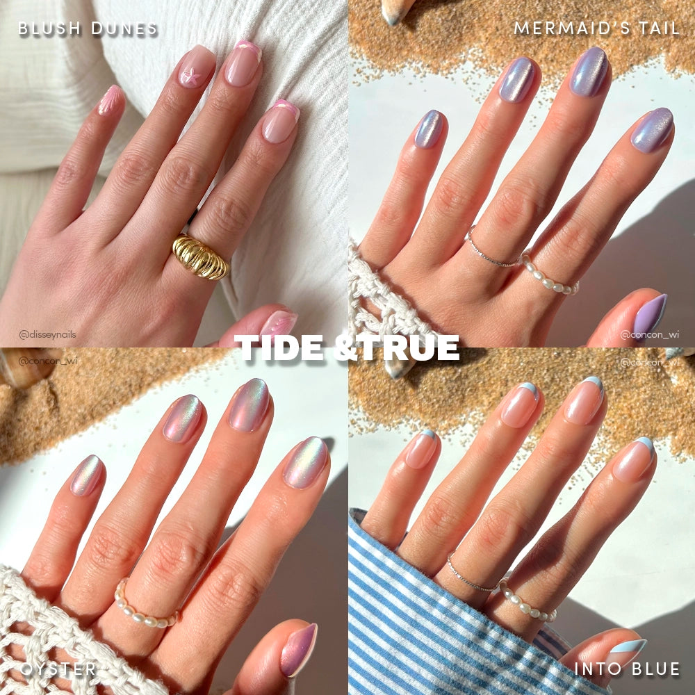 A collage of four manicured hands displays glamnetic’s Tide & True ocean-inspired press-on nails in Blush Dunes, Mermaid’s Tail, Oyster, and Into Blue shades—available in short oval and short squoval shapes for your summer mani lineup.