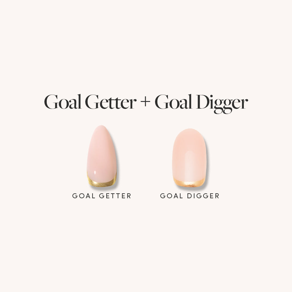 Under the heading Goal Getter + Goal Digger by glamnetic, two artificial nails are shown: both have gold reverse French tips on pale pink bases, with Goal Getter in short round and Goal Digger in medium almond styles.