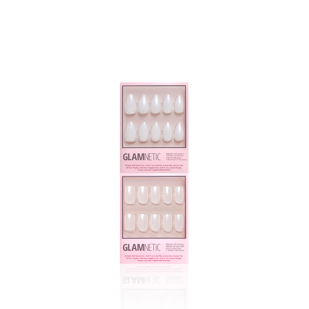 Two pink glamnetic boxes labeled Bailey + Hailey are shown side by side, each displaying Medium Square neutral glaze press-on nails in various sizes arranged neatly behind clear plastic windows. - Product image
