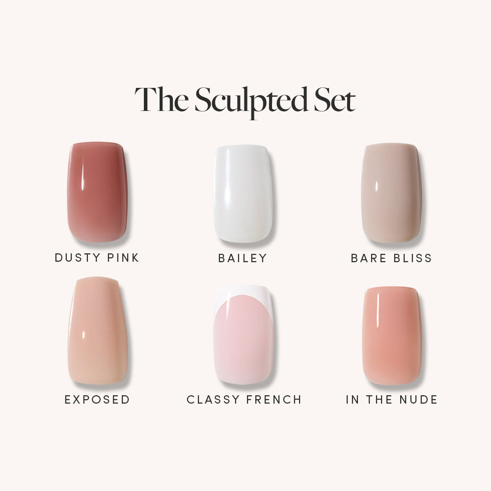 Six press-on nails from glamnetics The Sculpted Set displayed in two rows, each with a glossy nude shade—dusty pink, white (Bailey), beige (bare bliss), peach (exposed), French tip, and light brown—for a chic, neutral look.