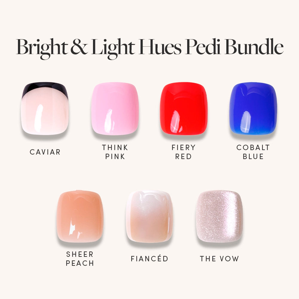 Nail polish color swatches labeled &#39;Caviar&#39;, &#39;Think Pink&#39;, &#39;Fiery Red&#39;, &#39;Cobalt Blue&#39;, &#39;Sheer Peach&#39;, &#39;Fiancéd&#39;, and &#39;The Vow&#39; on a white background.