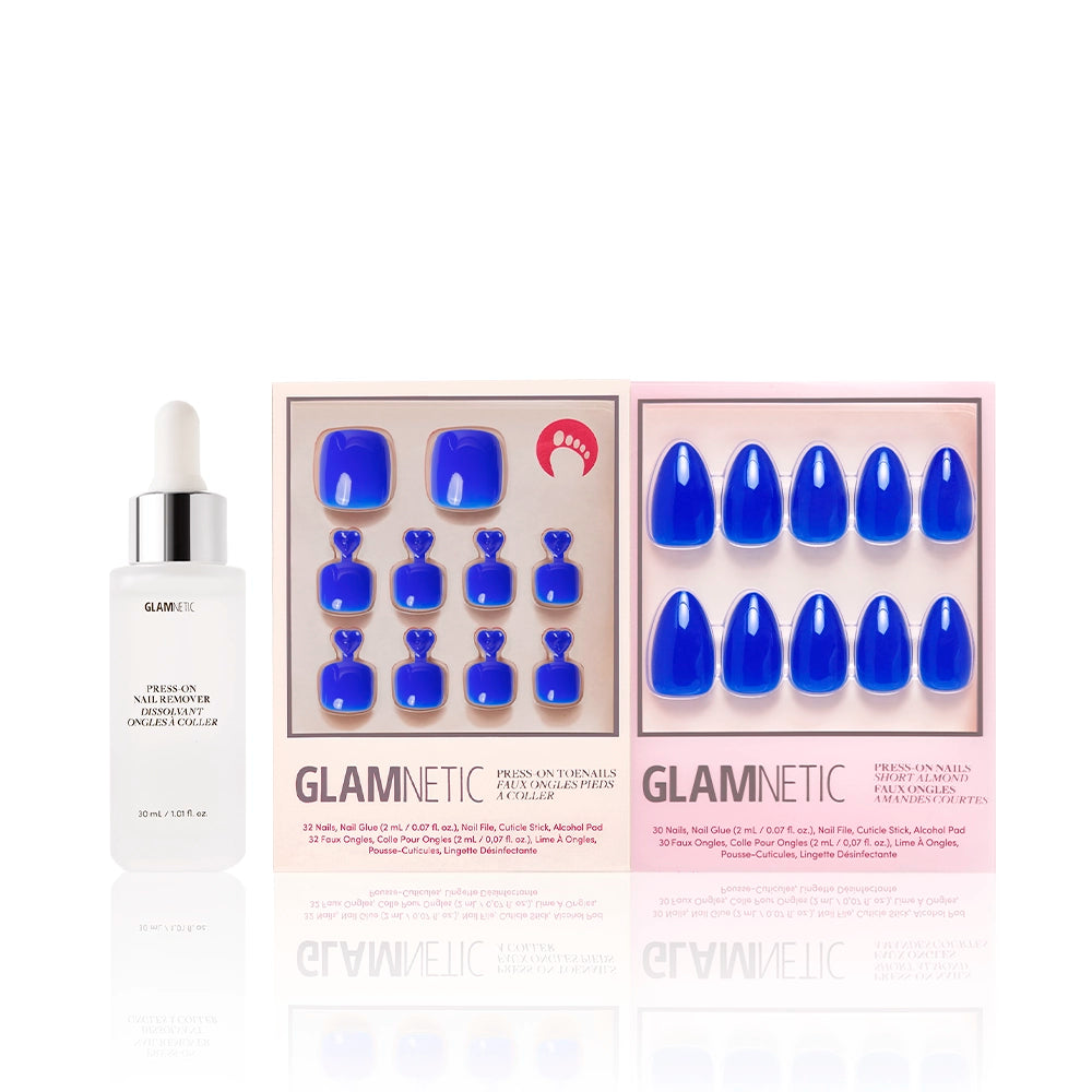 Glamnetic Cobalt Blue Mani & Pedi press-on nail bundle shown with a white dropper bottle of press-on nail remover. Set features bold, glossy cobalt blue nails for both toes and fingers - Product image
