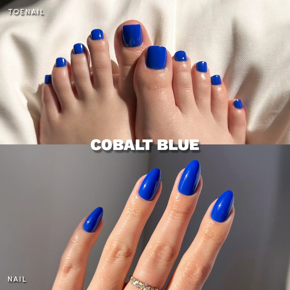 Glamnetic Cobalt Blue Mani & Pedi bundle applied on real hands and feet. Features solid, high-shine cobalt blue press-on toenails and almond-shaped fingernails captured in natural lighting.