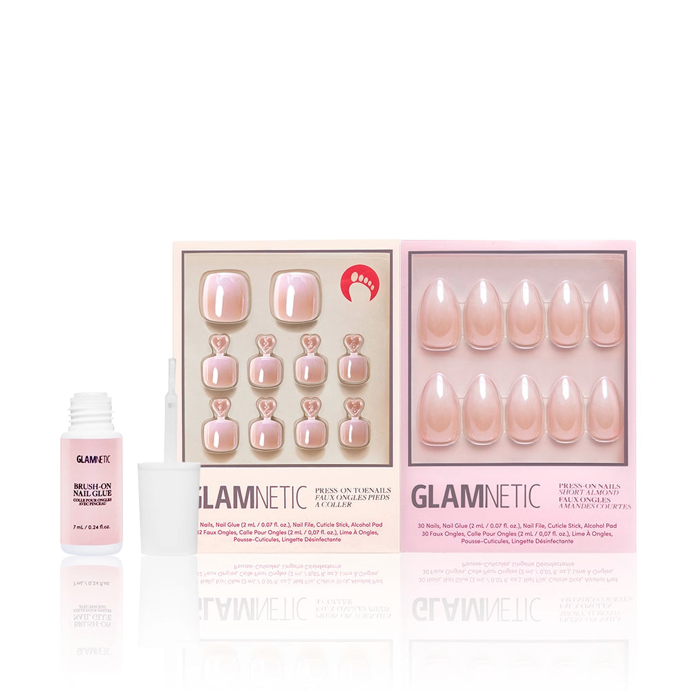 Glamnetic Fiancé́d Mani & Pedi press-on nail set paired with pink brush-on nail glue. Features nude-pink glossy finish toenails and fingernails, ideal for a minimalist bridal look. - Product image