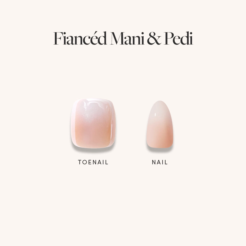 Swatch image of Glamnetic Fiancé́d Mani &amp; Pedi showing a soft sheer pink square toenail and matching short almond fingernail with a natural gradient finish, on a cream background.