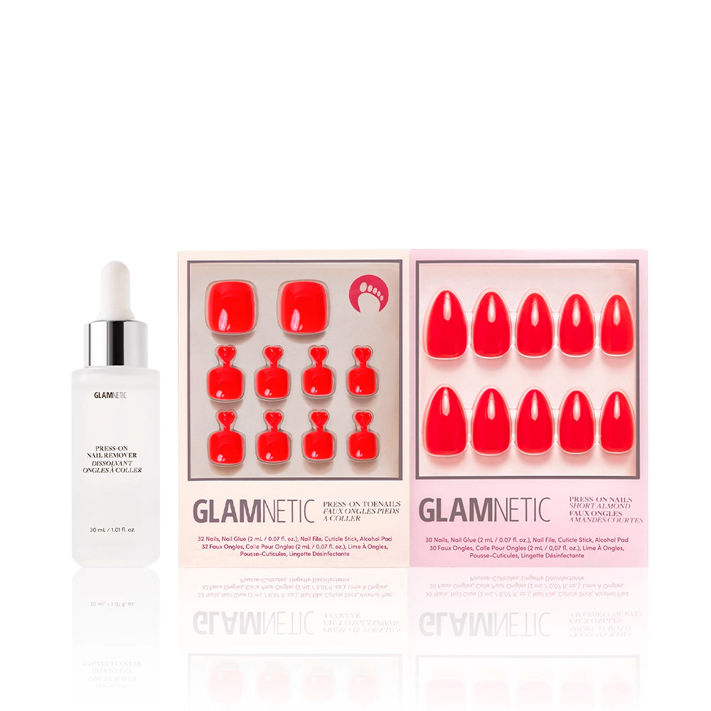 Glamnetic Fiery Red Mani & Pedi bundle paired with white dropper bottle of press-on nail remover. Includes bold red glitter press-on toenails and matching almond-shaped press-on nails. - Product image