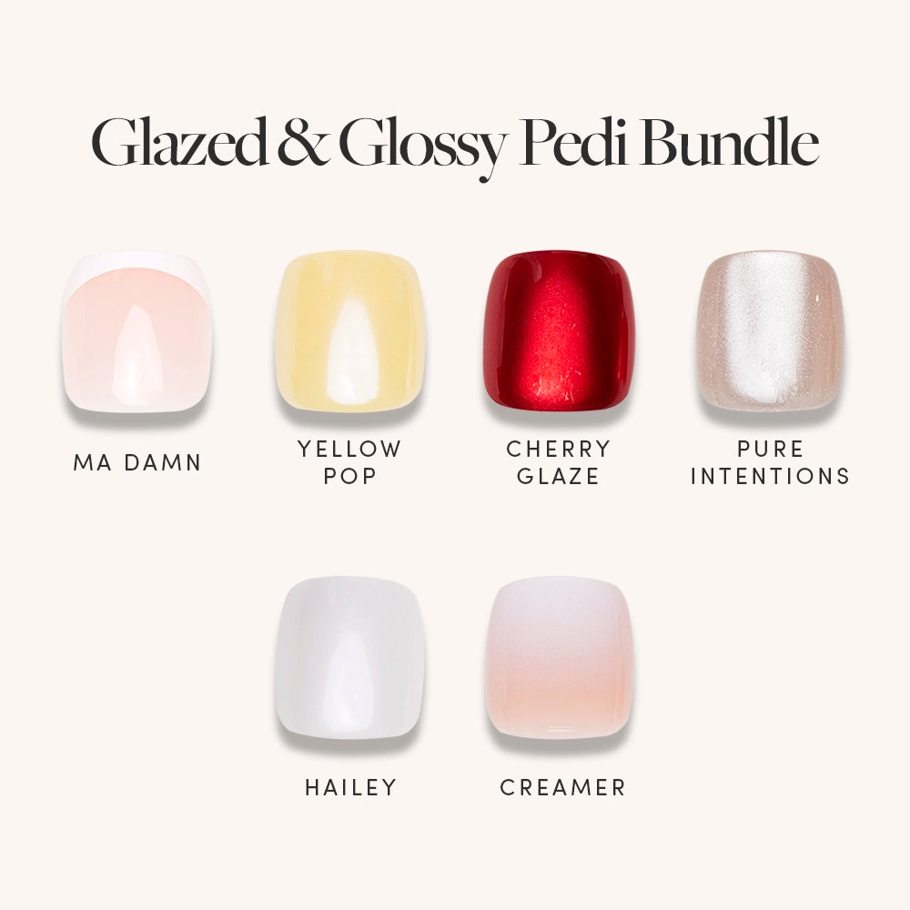Swatch menu for Glamnetic’s Glazed &amp; Glossy Pedi Bundle featuring six shades: Ma Damn, Yellow Pop, Cherry Glaze, Pure Intentions, Hailey, and Creamer. Displayed on a soft beige background with each color labeled.