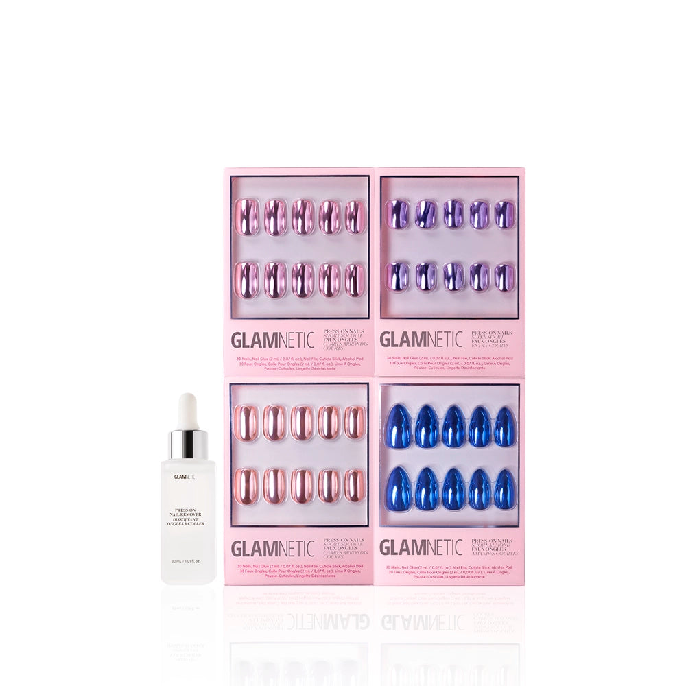 Four sets of glamnetic Metal Petals press-on nails, in pink and purple boxes with high-shine shades, are arranged in a grid. To the left is a dropper bottle of Glamnetic nail serum, all on a white background. - Product image