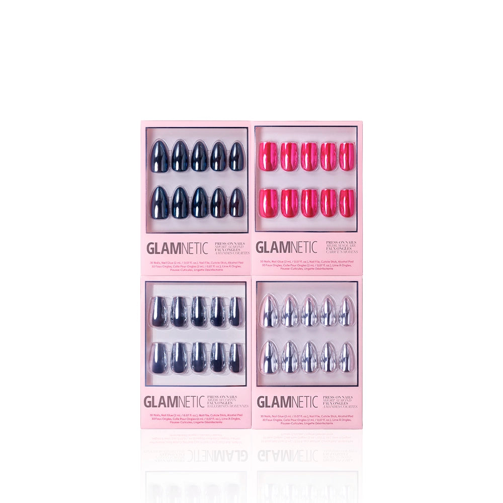Four sets of glamnetic coffin nails in a pink box, each set featuring a unique shade: dark navy, bright pink, metallic chrome, and Neon Noir. The boxes are displayed stylishly in a 2x2 grid. - Product image