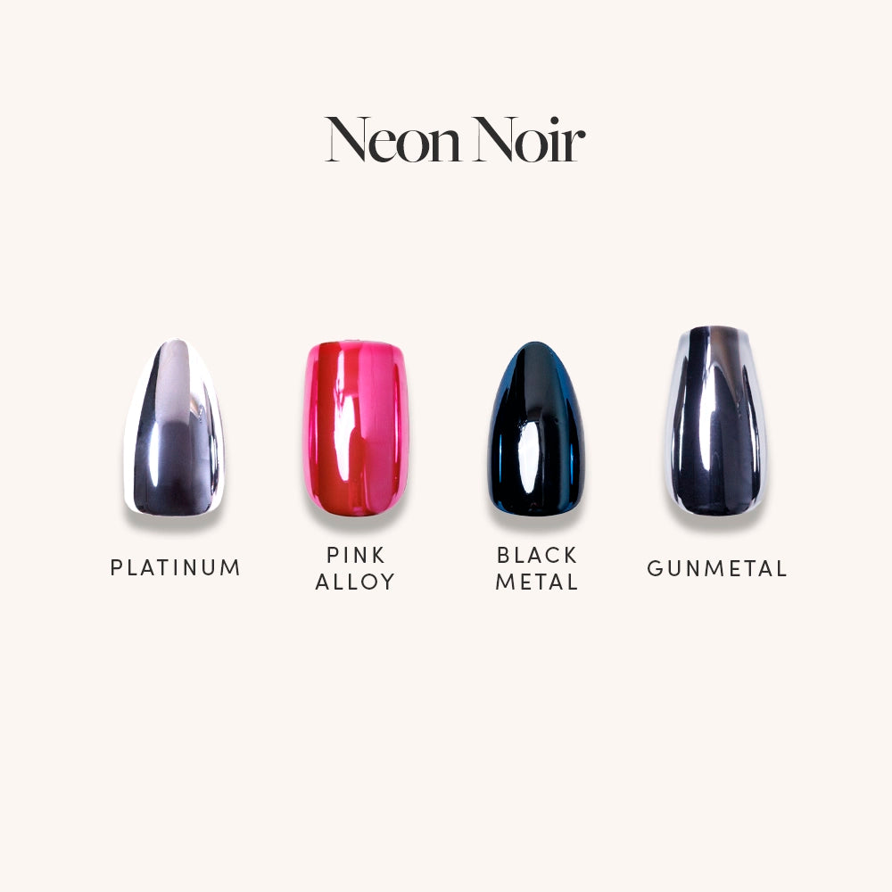 Four glamnetic Neon Noir coffin nails are lined up, showcasing metallic finishes: Platinum (silver), Pink Alloy (shiny pink), Black Metal (bluish-black), and Gunmetal (dark gray), with the product name displayed above.