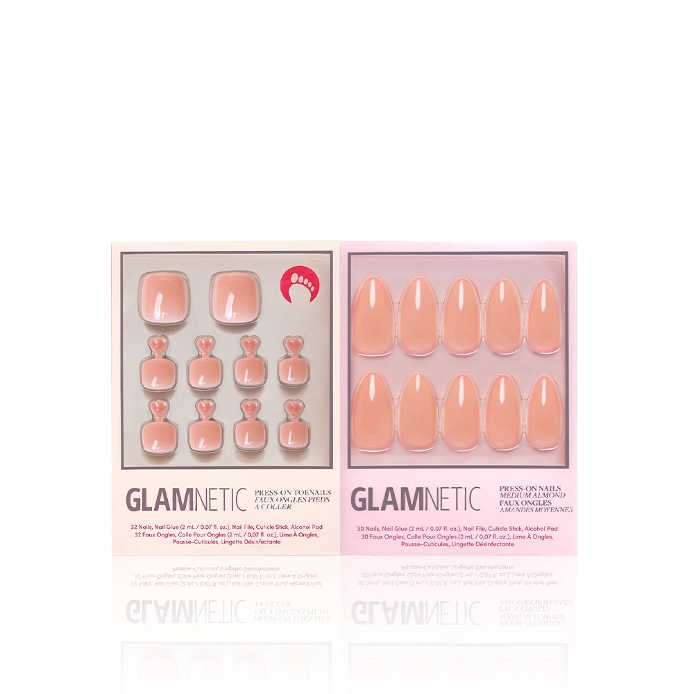 Glamnetic Sheer Peach Mani & Pedi bundle featuring coordinated press-on toenails and medium almond nails in a soft peachy-nude sheer finish, displayed in pastel packaging - Product image
