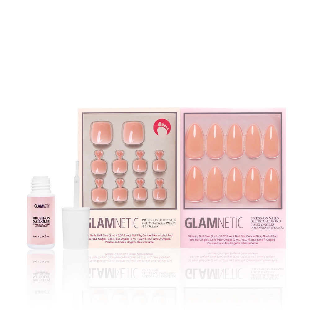 Sheer Peach Mani & Pedi set from Glamnetic shown with brush-on nail glue. Press-on toenails and fingernails have a translucent peach tint for a clean, natural look. - Product image