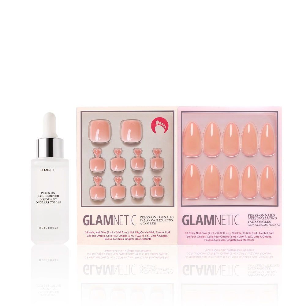 Glamnetic Sheer Peach Mani & Pedi bundle displayed with a white dropper bottle of nail remover. The set includes sheer peach press-on toenails and natural-looking almond nails. - Product image