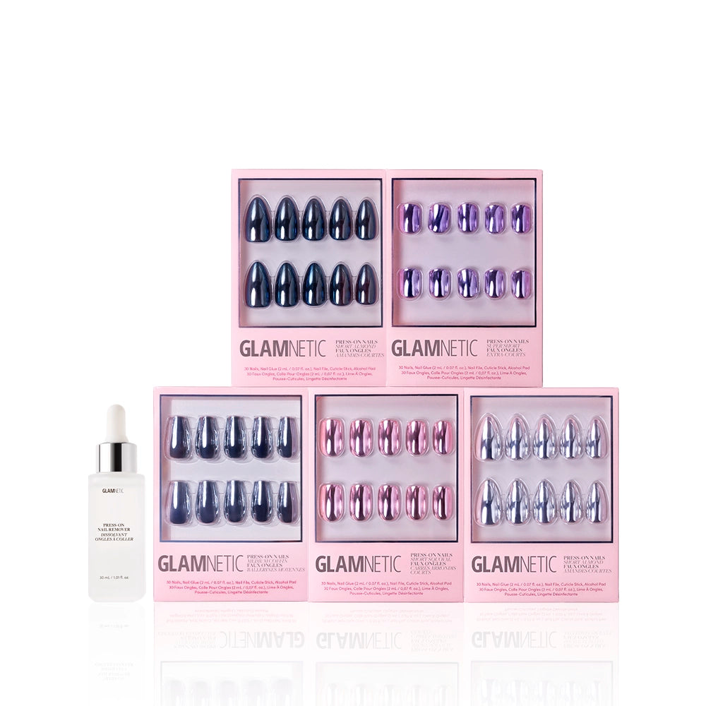 Five boxes of glamnetic’s The Driver’s Seat: Founder’s Edit press-on nails in various metallic blue, pink, and purple shades are arranged in two rows, with a nail glue dropper bottle in front on a white background—perfect for metallic chrome nails. - Product image