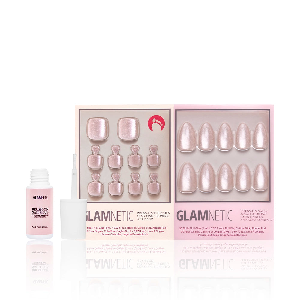 Glamnetic The Vow Mani & Pedi press-on nail set paired with a pink brush-on nail glue. Includes coordinating champagne shimmer toenails and fingernails in a pearlescent finish. - Product image