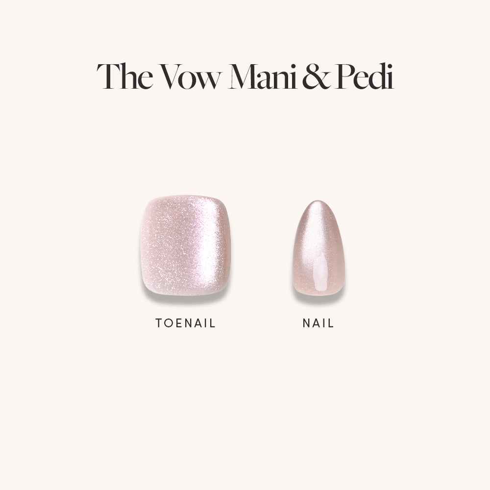 Swatch display of The Vow Mani &amp; Pedi by Glamnetic featuring a glittery champagne-pink square toenail and almond-shaped fingernail, set against a cream background