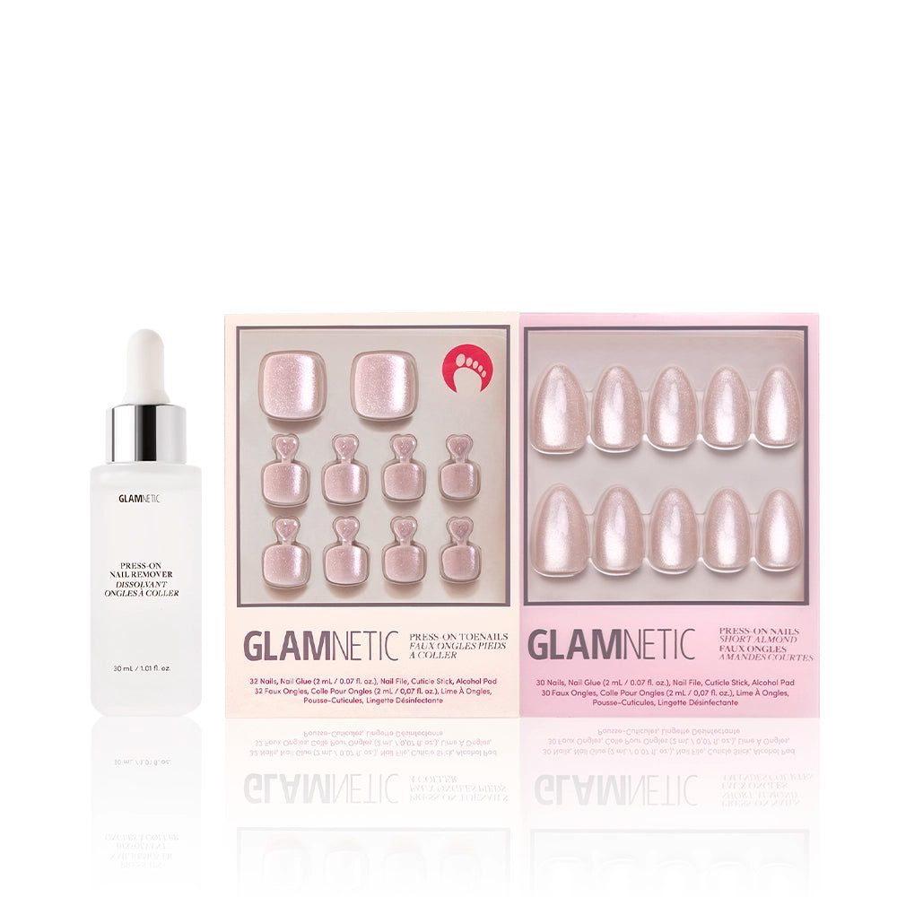 Glamnetic The Vow Mani & Pedi bundle shown with a white dropper bottle of nail remover. Press-on toenails and fingernails feature a soft shimmer pink hue, ideal for bridal or elegant looks. - Product image